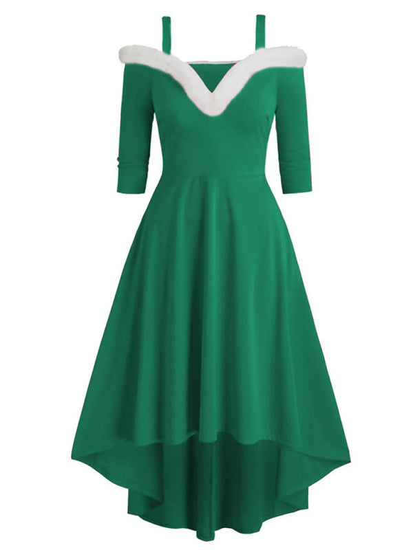 Robe de Noël à manches longues en peluche, haut-bas, décolleté en V profond, épaules dénudées