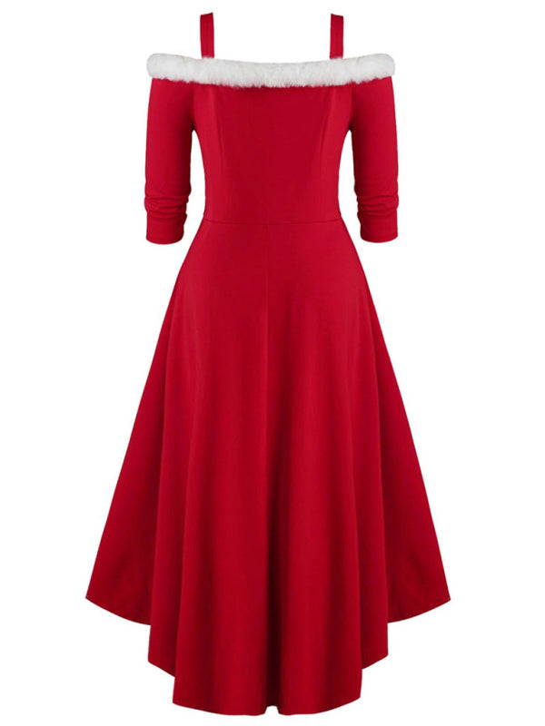 Robe de Noël à manches longues en peluche, haut-bas, décolleté en V profond, épaules dénudées