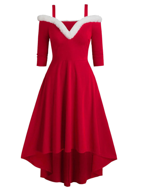Robe de Noël à manches longues en peluche, haut-bas, décolleté en V profond, épaules dénudées