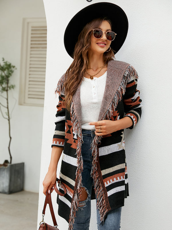 Geometrischer Jacquard-Pullover-Cardigan für Damen mit Fransen