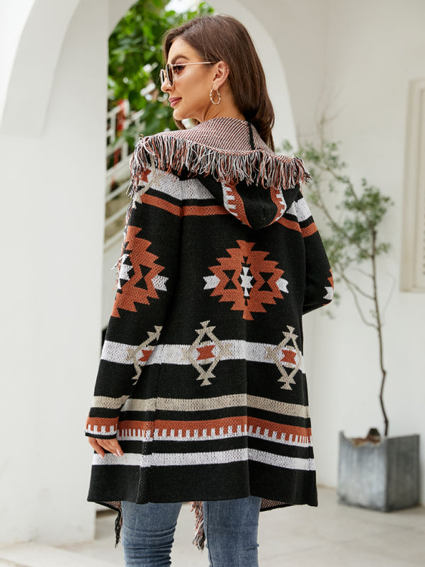 Geometrischer Jacquard-Pullover-Cardigan für Damen mit Fransen