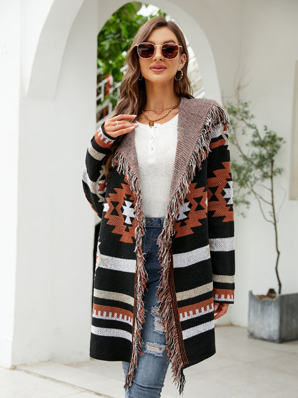 Geometrischer Jacquard-Pullover-Cardigan für Damen mit Fransen