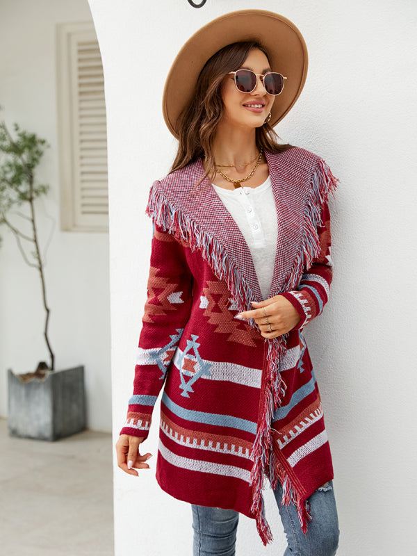 Geometrischer Jacquard-Pullover-Cardigan für Damen mit Fransen