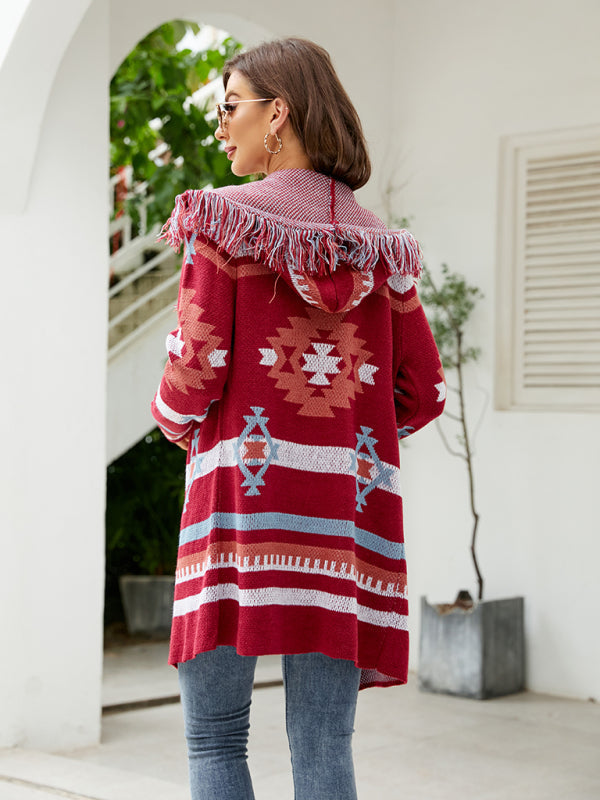 Geometrischer Jacquard-Pullover-Cardigan für Damen mit Fransen
