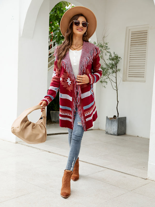 Geometrischer Jacquard-Pullover-Cardigan für Damen mit Fransen