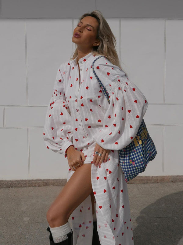 Neues, gespleißtes, langes Swing-Kleid mit Laternenärmeln aus reiner Baumwolle mit rotem Love-Print für Damen