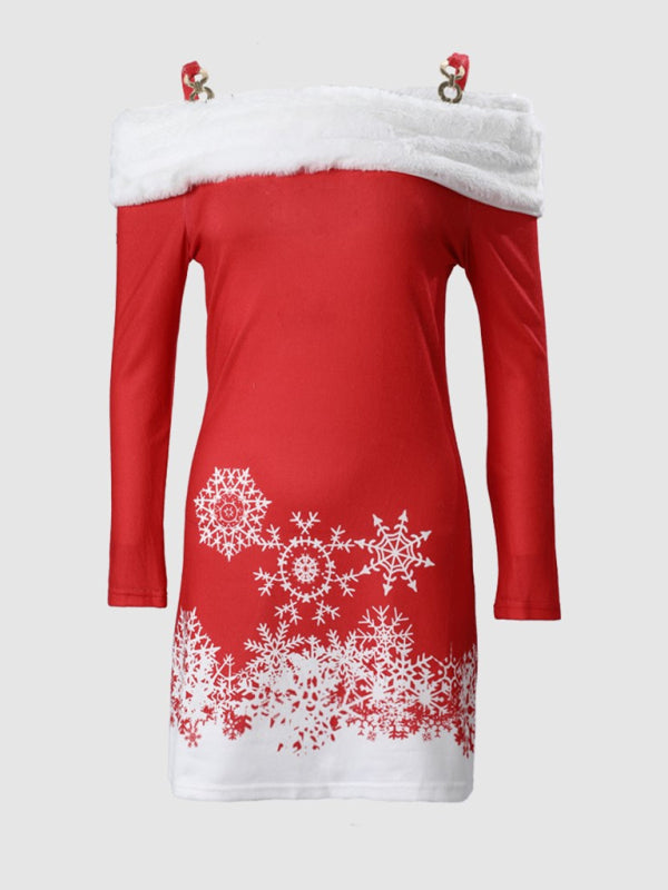 Robe à bretelles en fourrure pour femmes, imprimé de noël, épaules plates, nouvelle collection