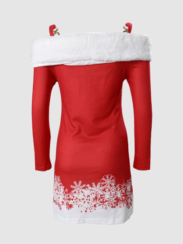 Robe à bretelles en fourrure pour femmes, imprimé de noël, épaules plates, nouvelle collection