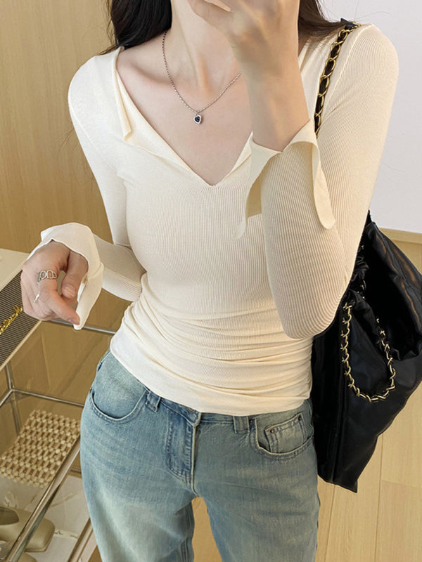 Haut tricoté slim à manches cloche et col en V pour femmes