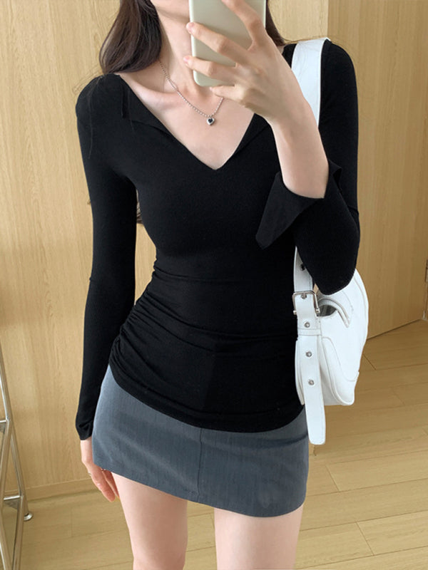 Haut tricoté slim à manches cloche et col en V pour femmes