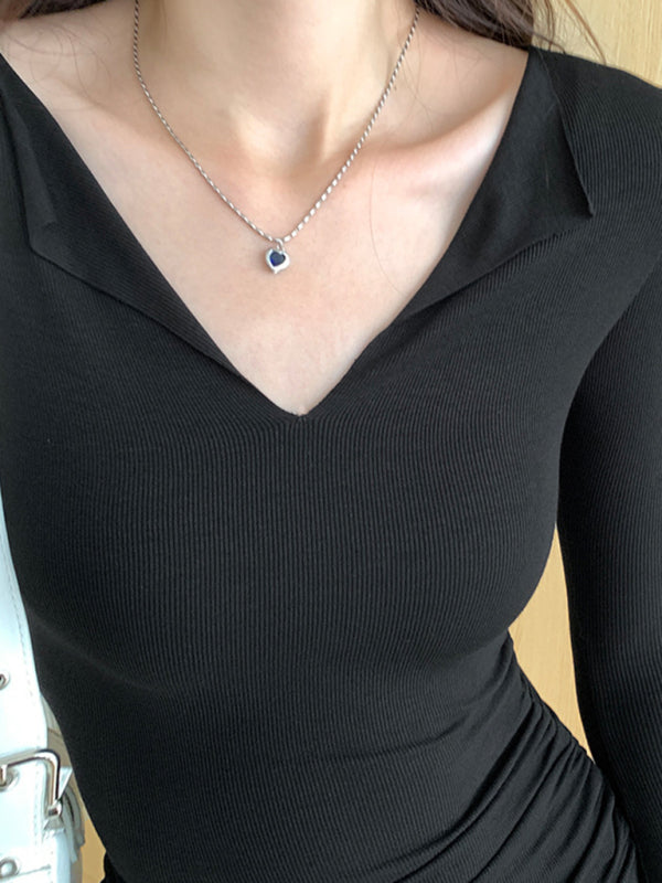 Haut tricoté slim à manches cloche et col en V pour femmes