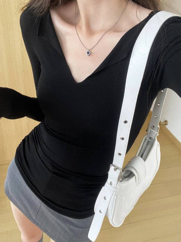 Haut tricoté slim à manches cloche et col en V pour femmes