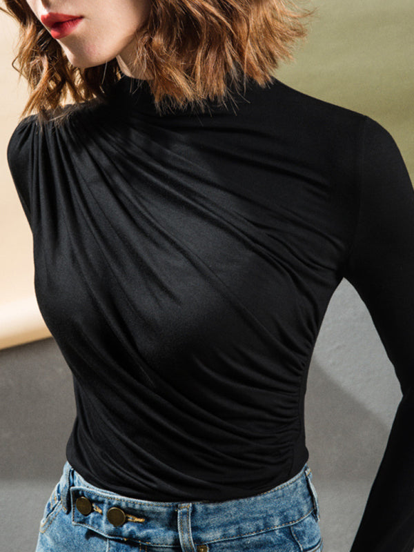 Rollkragenpullover für Damen mit plissiertem Slim-Fit-Strickoberteil