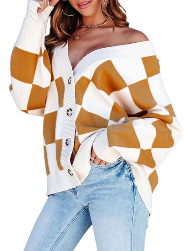 Damen-Cardigan mit Schachbrettmuster, lässig, lockerer Knopfleiste