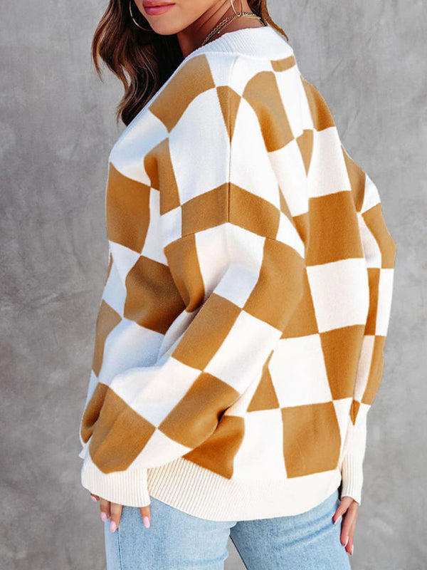 Damen-Cardigan mit Schachbrettmuster, lässig, lockerer Knopfleiste