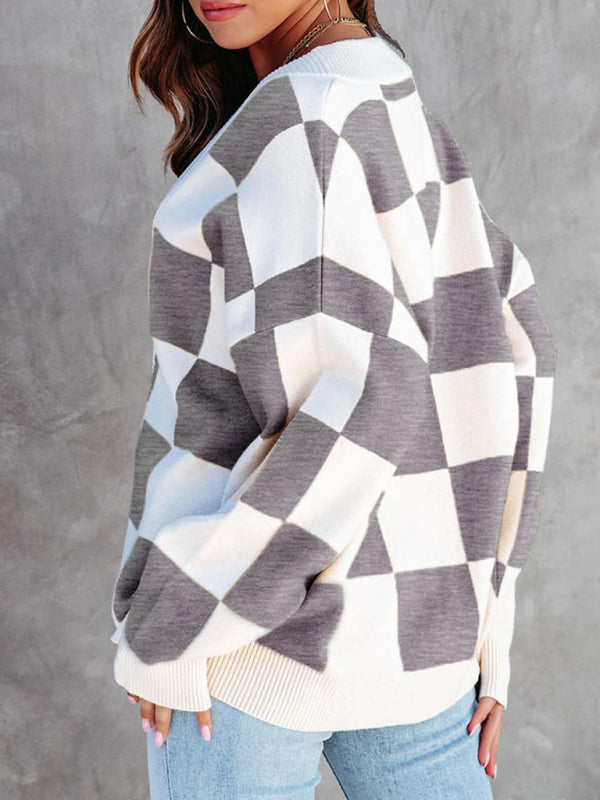 Damen-Cardigan mit Schachbrettmuster, lässig, lockerer Knopfleiste