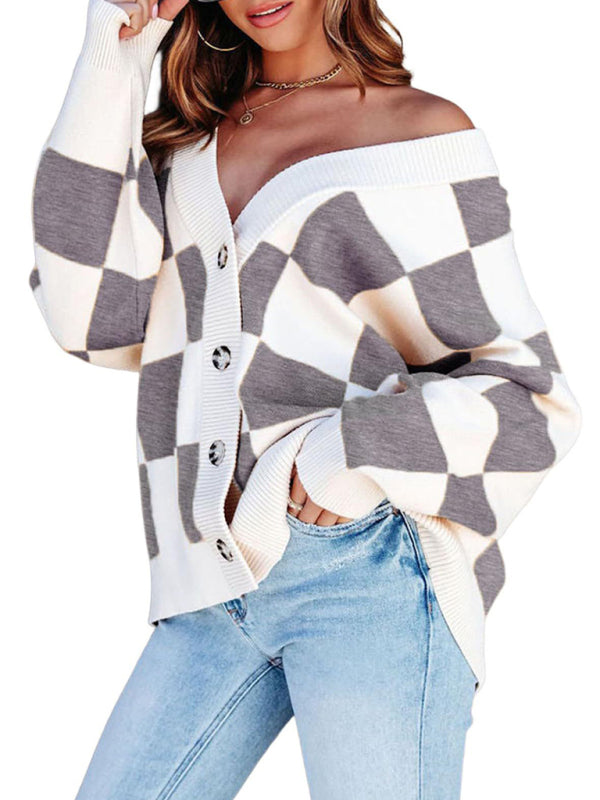 Damen-Cardigan mit Schachbrettmuster, lässig, lockerer Knopfleiste