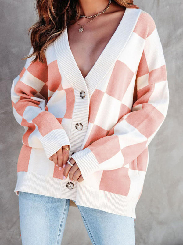 Damen-Cardigan mit Schachbrettmuster, lässig, lockerer Knopfleiste