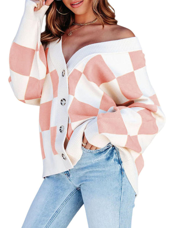Damen-Cardigan mit Schachbrettmuster, lässig, lockerer Knopfleiste
