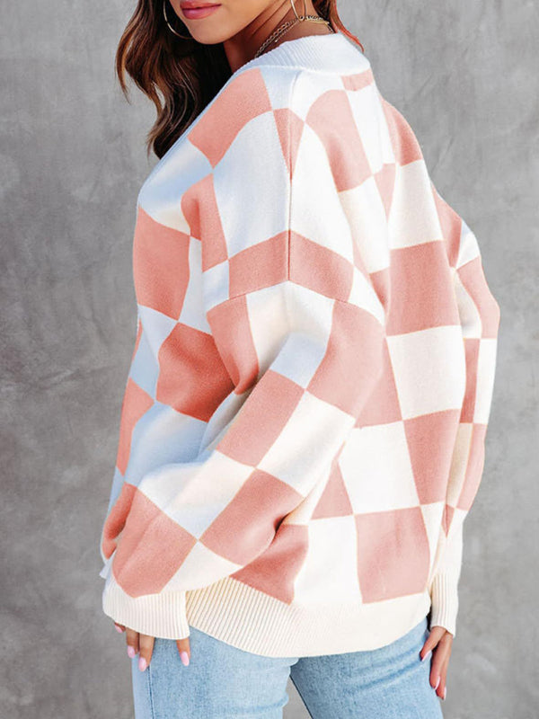 Damen-Cardigan mit Schachbrettmuster, lässig, lockerer Knopfleiste