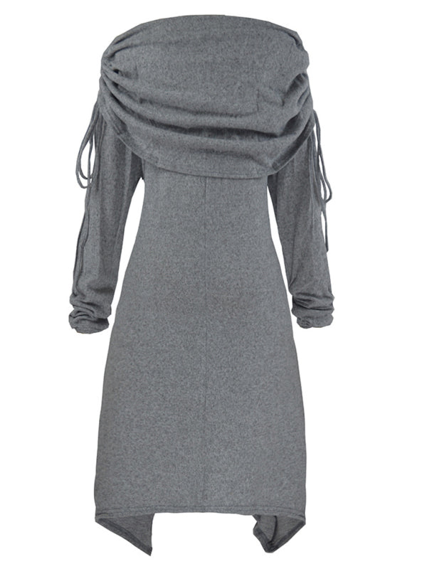 Weihnachtliches Damenkleid mit Schneemann-Aufdruck, Faltenkragen, unregelmäßigem Kordelzug