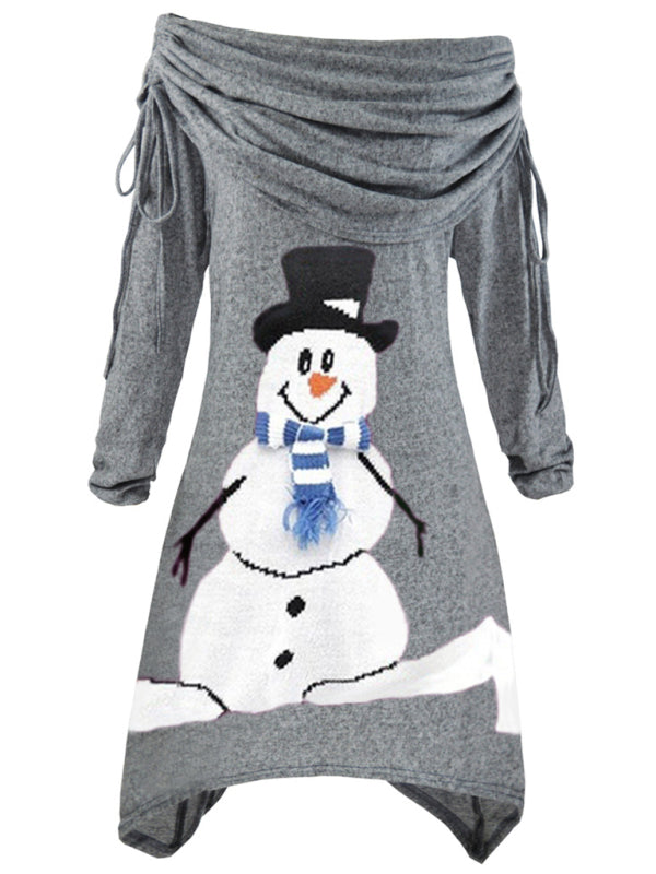 Weihnachtliches Damenkleid mit Schneemann-Aufdruck, Faltenkragen, unregelmäßigem Kordelzug