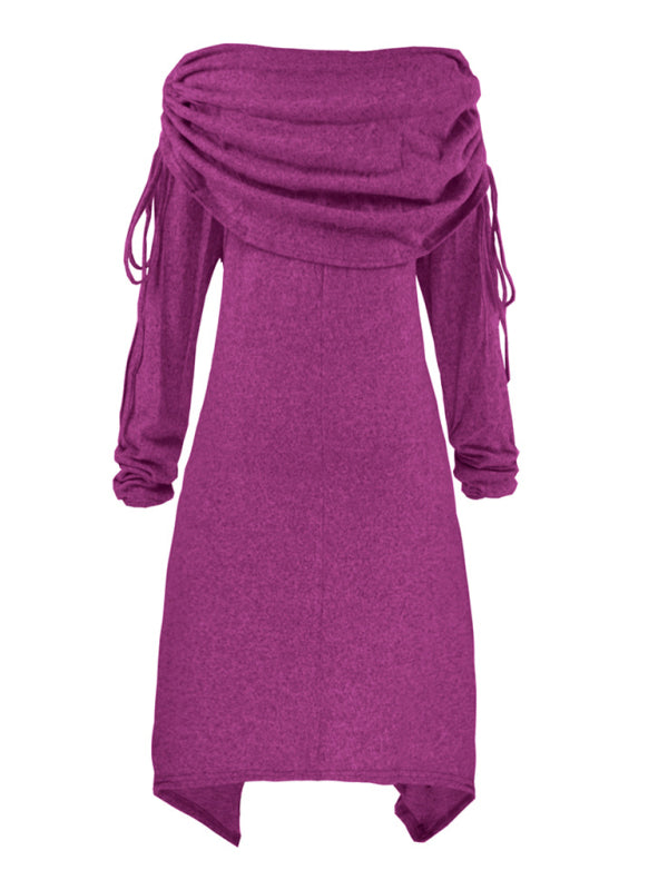 Weihnachtliches Damenkleid mit Schneemann-Aufdruck, Faltenkragen, unregelmäßigem Kordelzug