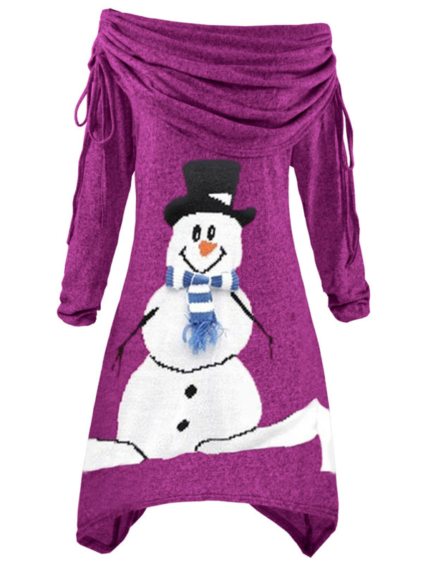 Weihnachtliches Damenkleid mit Schneemann-Aufdruck, Faltenkragen, unregelmäßigem Kordelzug