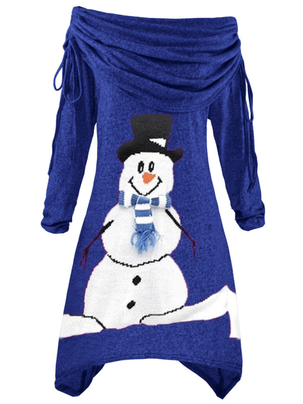 Weihnachtliches Damenkleid mit Schneemann-Aufdruck, Faltenkragen, unregelmäßigem Kordelzug