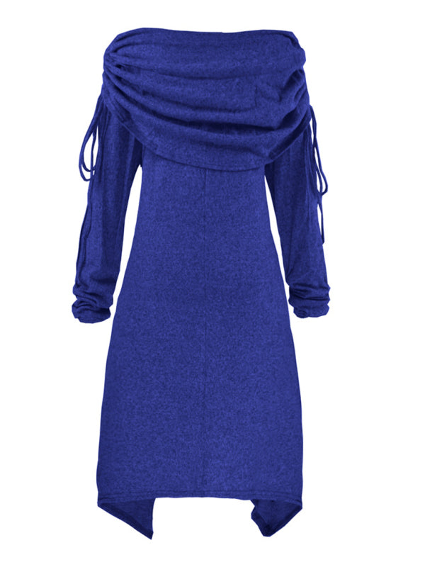 Weihnachtliches Damenkleid mit Schneemann-Aufdruck, Faltenkragen, unregelmäßigem Kordelzug