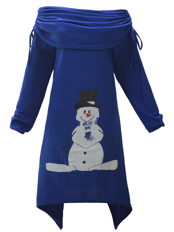 Weihnachtliches Damenkleid mit Schneemann-Aufdruck, Faltenkragen, unregelmäßigem Kordelzug