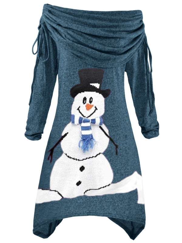 Weihnachtliches Damenkleid mit Schneemann-Aufdruck, Faltenkragen, unregelmäßigem Kordelzug
