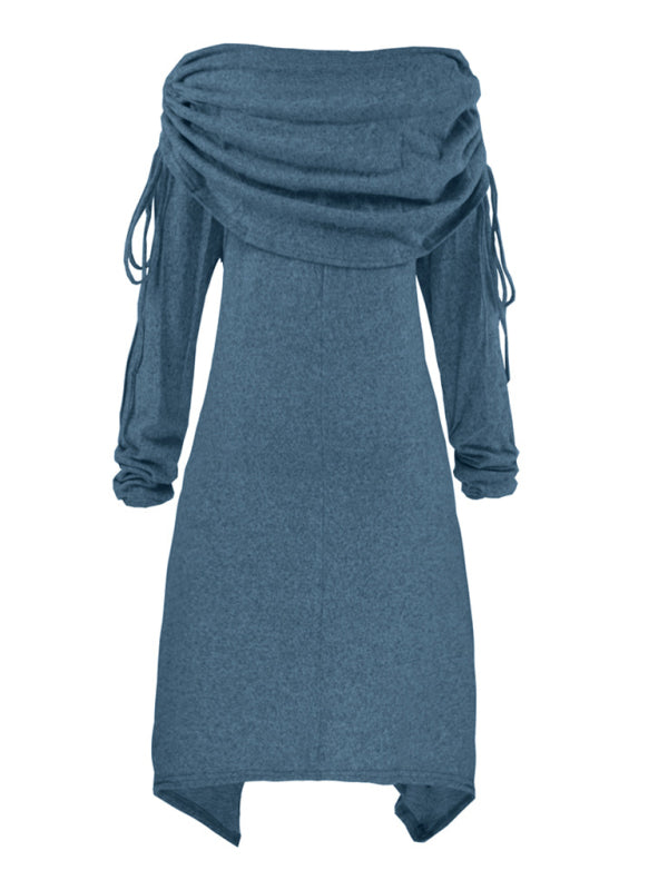 Weihnachtliches Damenkleid mit Schneemann-Aufdruck, Faltenkragen, unregelmäßigem Kordelzug