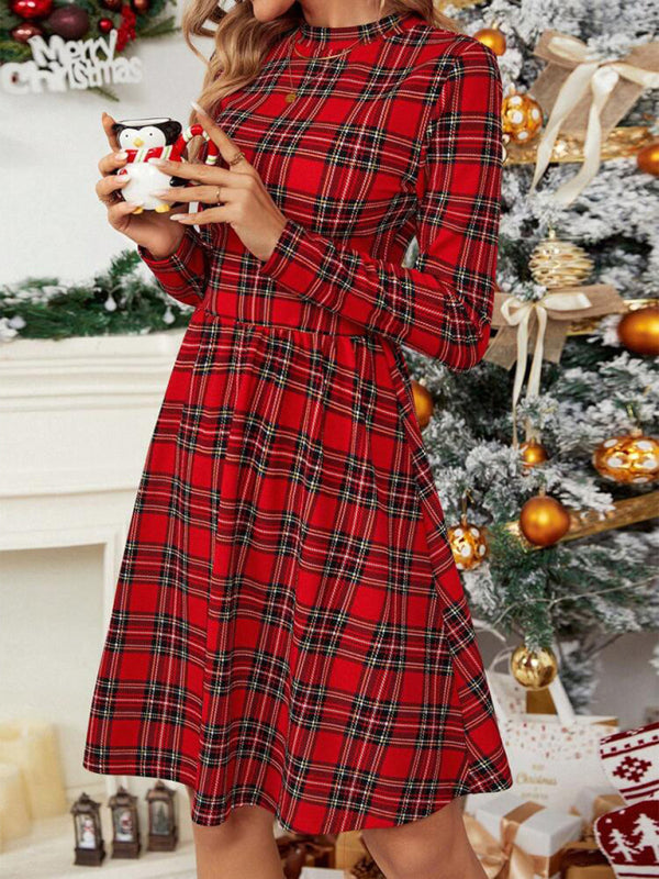 Kariertes, bedrucktes Rollkragen-Langarmkleid im neuen weihnachtlichen Stil