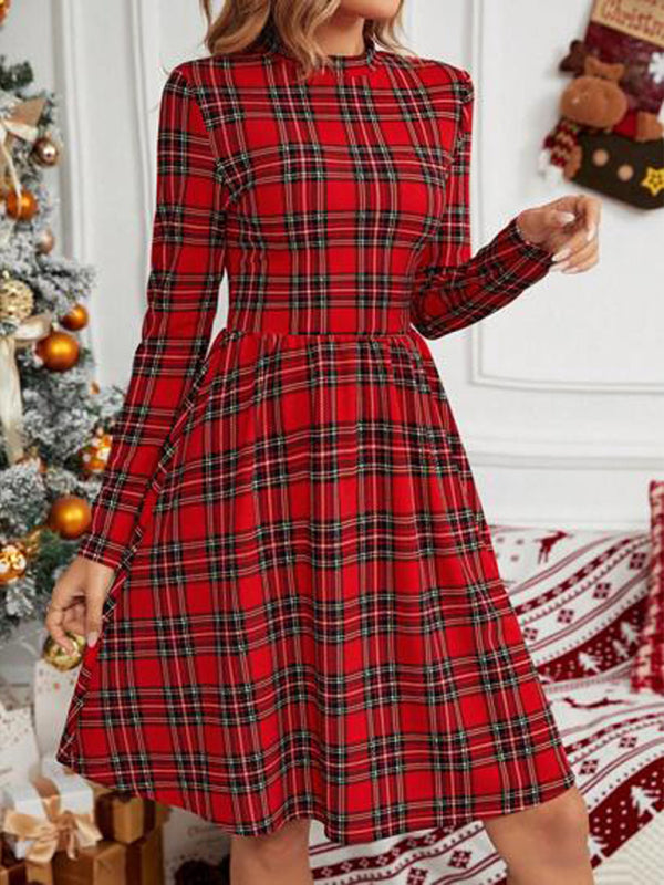 Kariertes, bedrucktes Rollkragen-Langarmkleid im neuen weihnachtlichen Stil