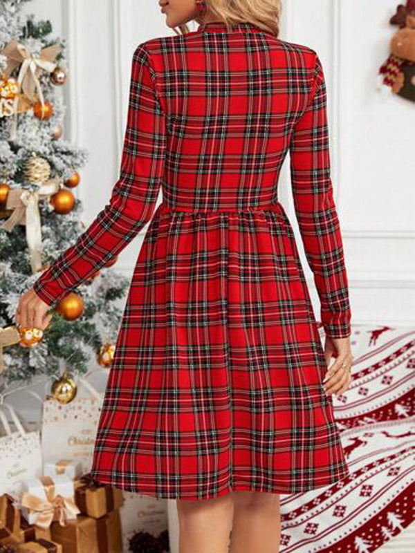 Robe à manches longues et col roulé imprimé à carreaux, nouveau style de noël