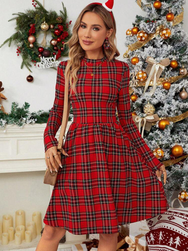 Kariertes, bedrucktes Rollkragen-Langarmkleid im neuen weihnachtlichen Stil
