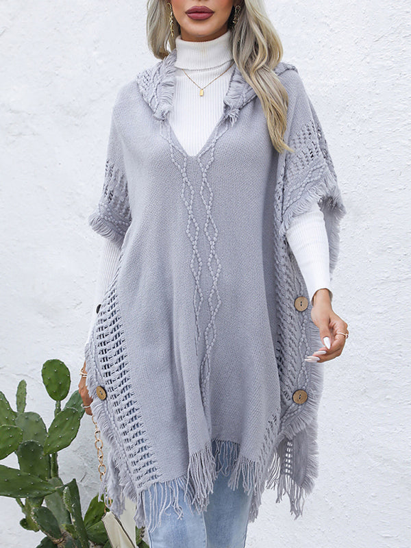 Gray V-tie hooded pullover sweater vest cloak