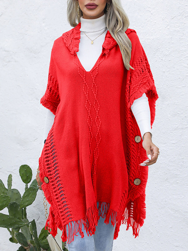Red V-tie hooded pullover sweater vest cloak