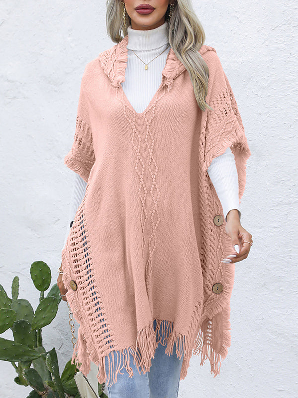 Pink V-tie hooded pullover sweater vest cloak