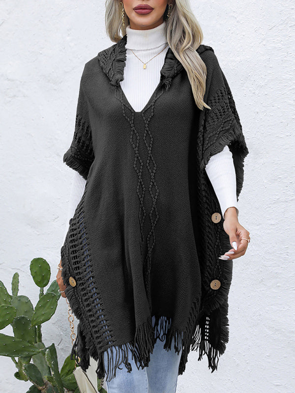 Black V-tie hooded pullover sweater vest cloak