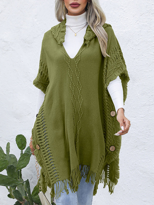 Green V-tie hooded pullover sweater vest cloak