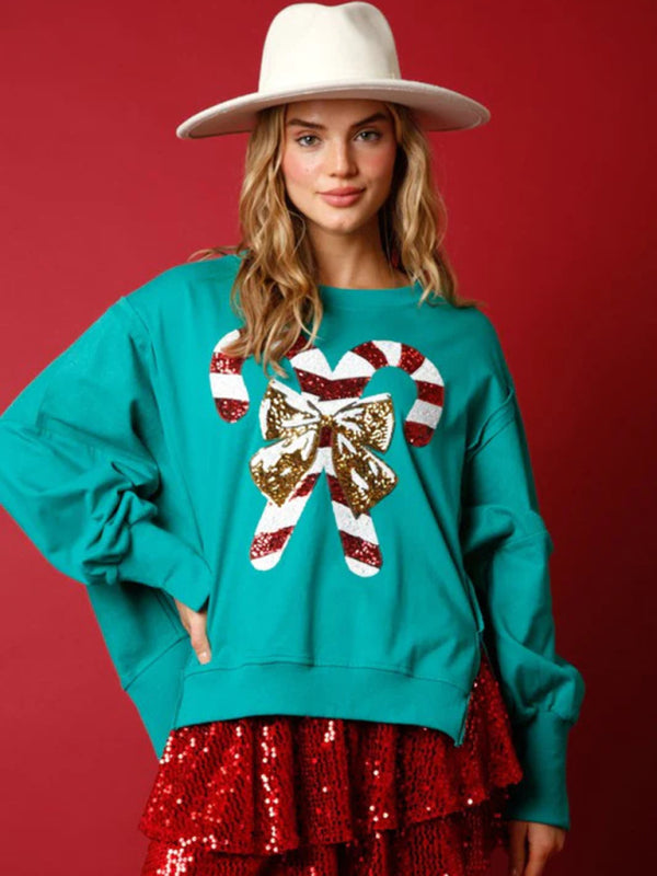 Sweat-shirt de noël à manches longues pour femmes, haut polyvalent épais à paillettes douces