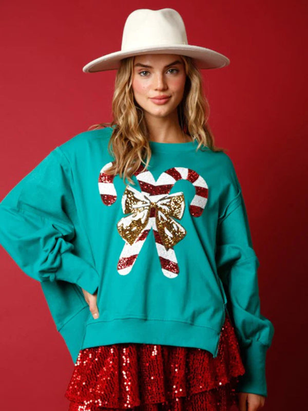 Sweat-shirt de noël à manches longues pour femmes, haut polyvalent épais à paillettes douces