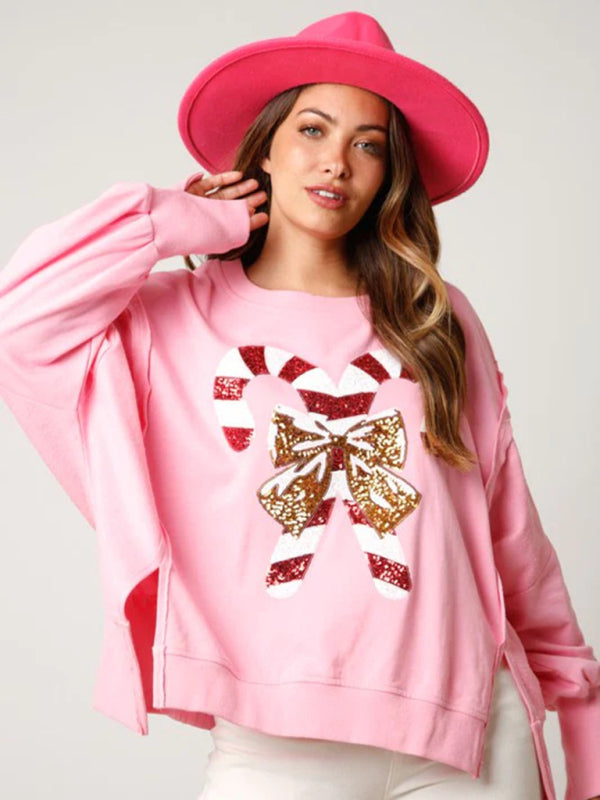 Sweat-shirt de noël à manches longues pour femmes, haut polyvalent épais à paillettes douces