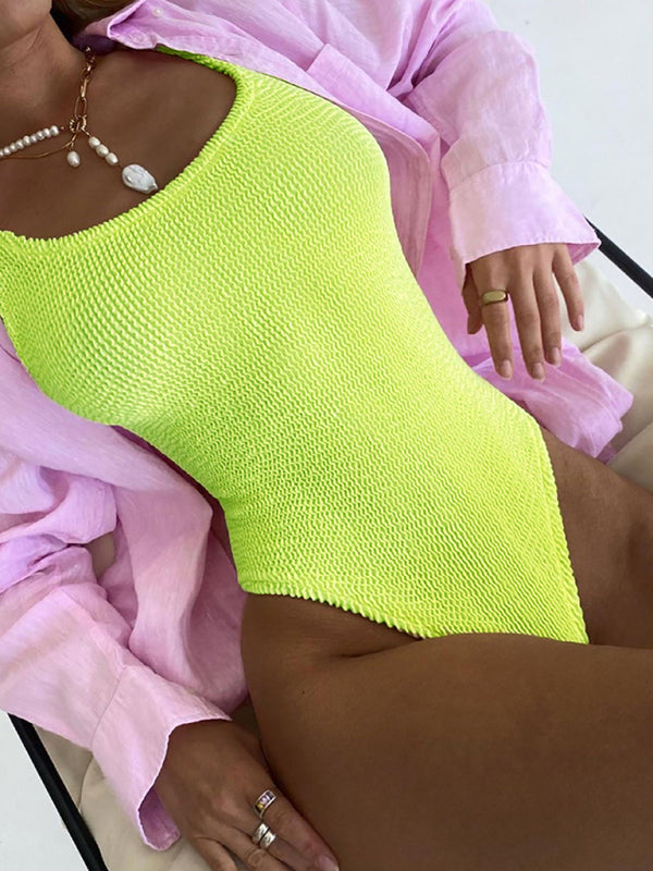 Maillot de bain une pièce en tissu plissé fluorescent couleur bonbon pour femme