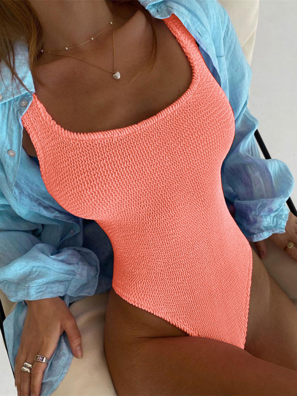 Maillot de bain une pièce en tissu plissé fluorescent couleur bonbon pour femme