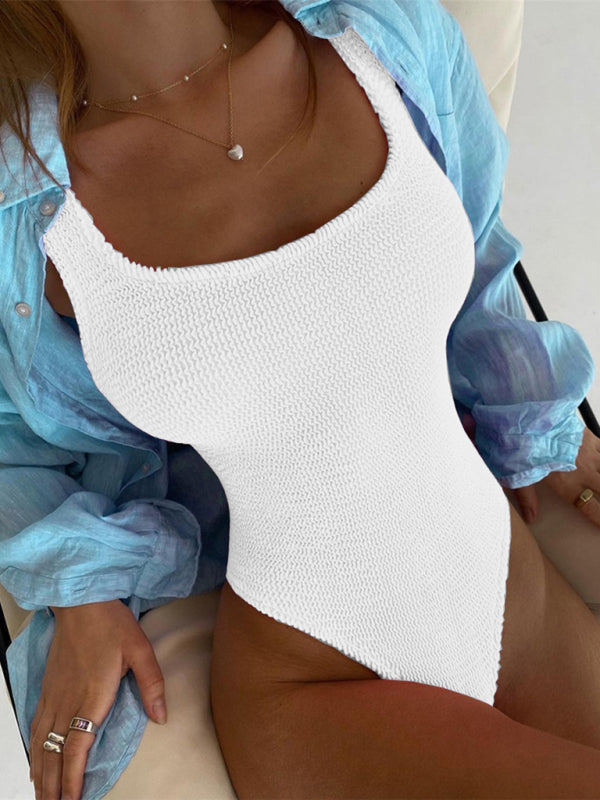 Maillot de bain une pièce en tissu plissé fluorescent couleur bonbon pour femme