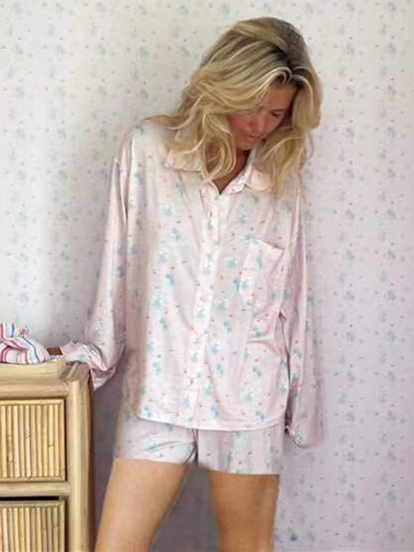 Neuer bedruckter Pyjama mit langen Ärmeln und Schlitzen, lockere Shorts mit langen Ärmeln, Homewear-Set