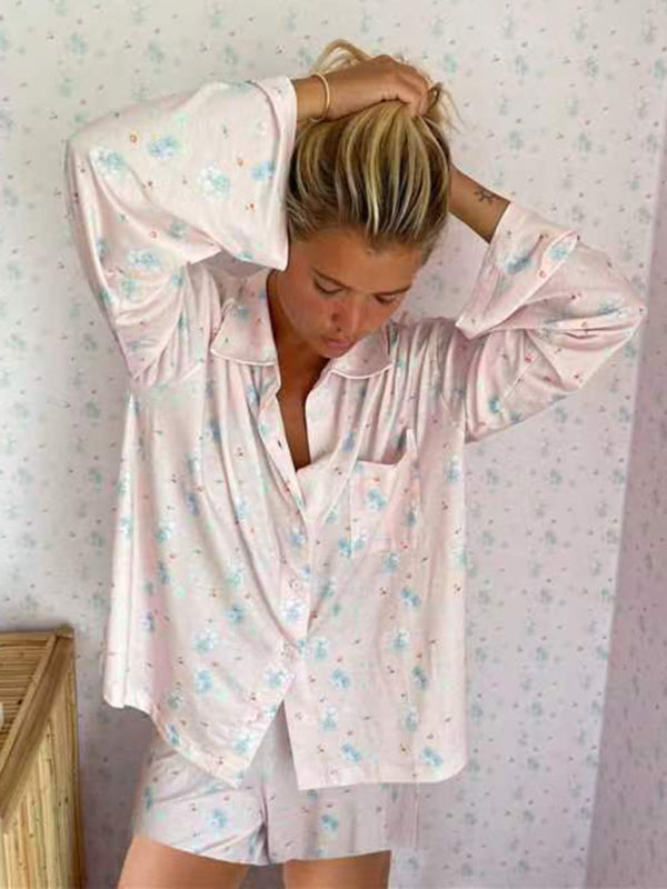 Neuer bedruckter Pyjama mit langen Ärmeln und Schlitzen, lockere Shorts mit langen Ärmeln, Homewear-Set
